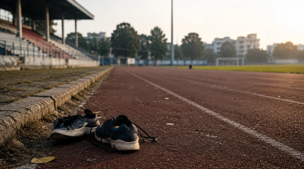 Abandoned running shoes beside an empty athletics track.