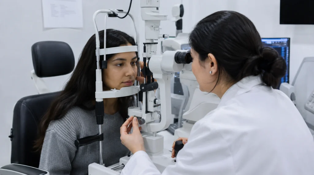 Patient undergoing advanced eye examination despite having normal eyesight