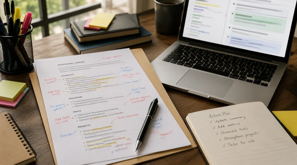 Printed resume with handwritten edits beside laptop showing writing suggestions