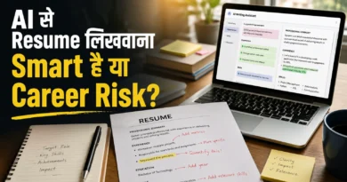 AI से Resume लिखवाना Smart है या Career Risk? AI-assisted resume writing workspace with laptop, edited resume and career planning materials