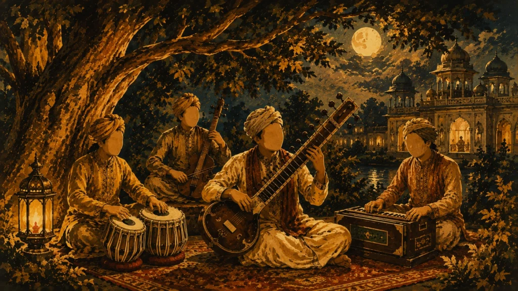 चाँदनी रात में भारतीय शास्त्रीय संगीतकार | Early Indian film music illustration