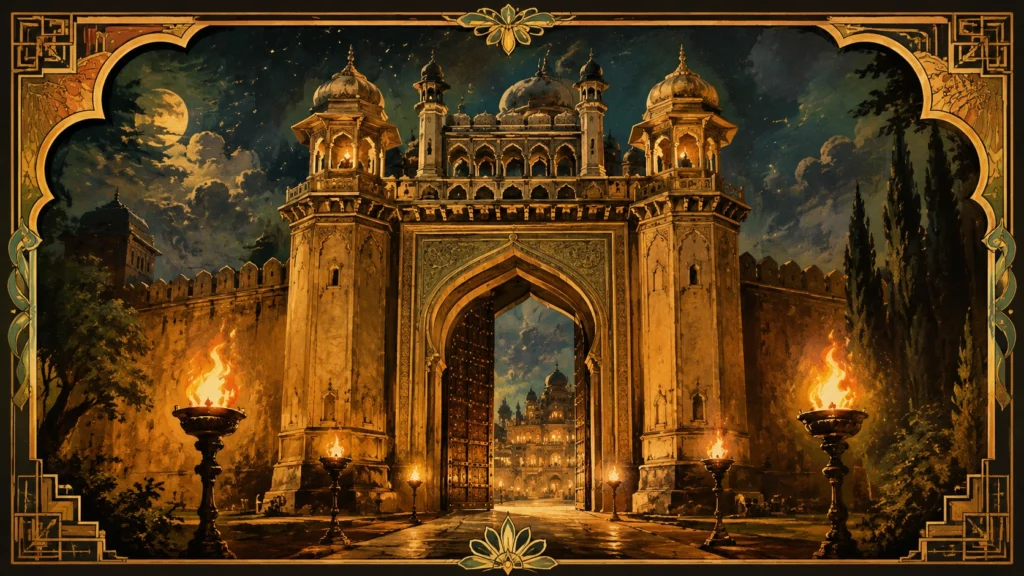 आलम आरा की शाही दुनिया का प्रतीकात्मक चित्रण | Vintage royal palace illustration