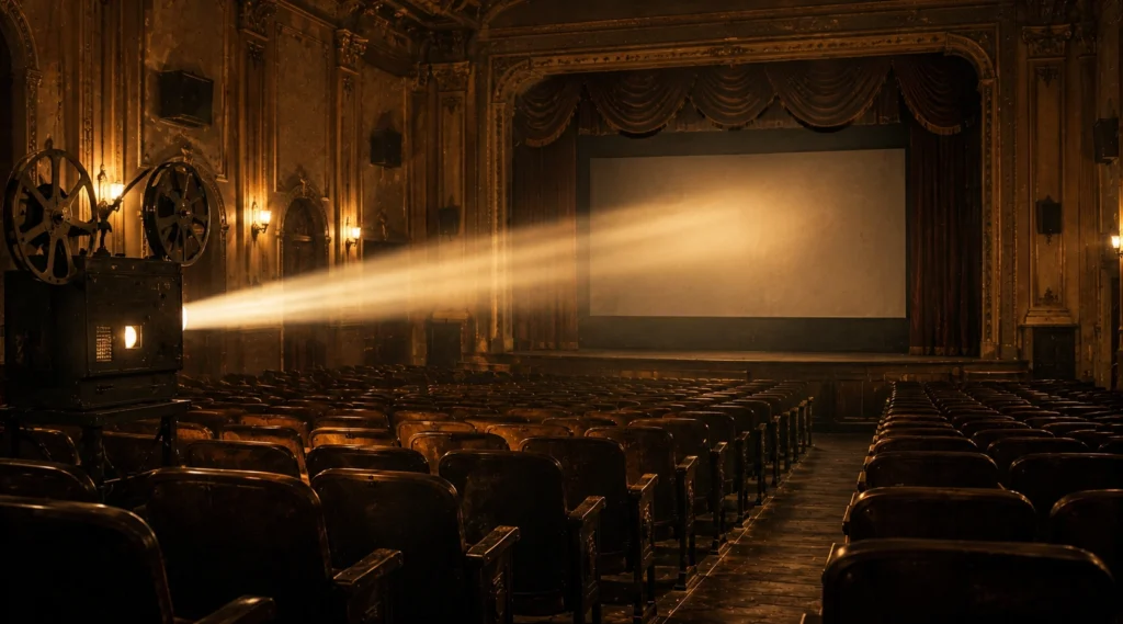 Vintage cinema hall with projector light representing the first audience experience of Alam Ara in 1931
