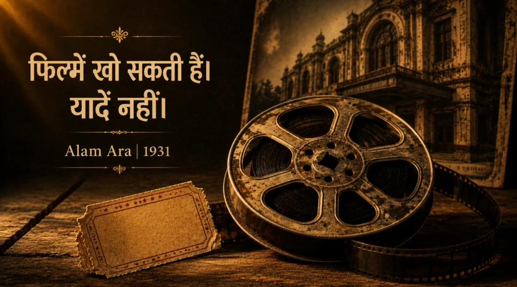 Film reel and vintage cinema ticket symbolizing the surviving legacy of Alam Ara despite the passage of time
