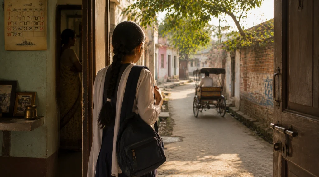 Illustration of young Anjali Tripathi leaving home for school for the first time while a cycle rickshaw waits outside.