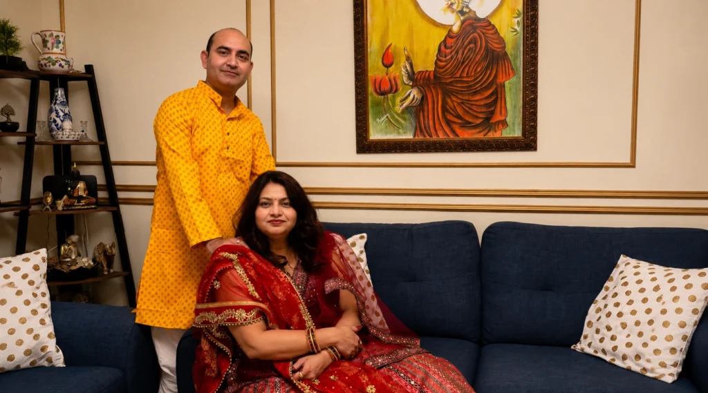 Anjali Tripathi with her husband at their home in Dublin, Ireland.