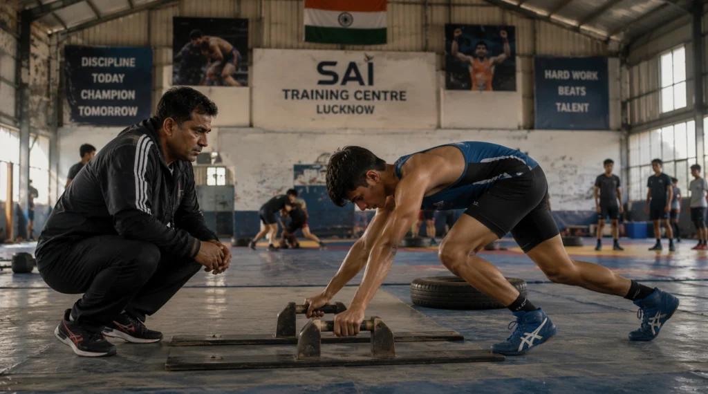 Young athlete training under the supervision of a coach in a modest Indian sports facility.