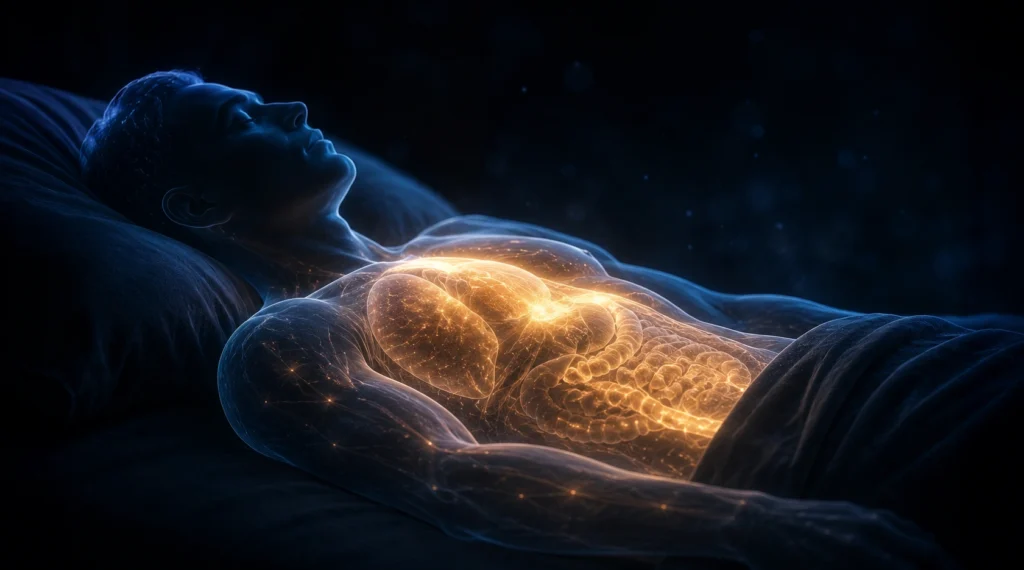 Glowing human silhouette resting peacefully at night representing internal recovery