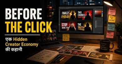 Thumbnail designer workspace representing India's hidden creator economy