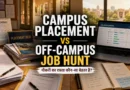 Campus placement desk and off-campus job search workspace showing two career pathways for freshers in India