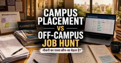 Campus placement desk and off-campus job search workspace showing two career pathways for freshers in India