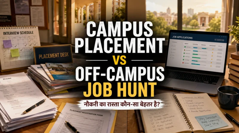 Campus placement desk and off-campus job search workspace showing two career pathways for freshers in India