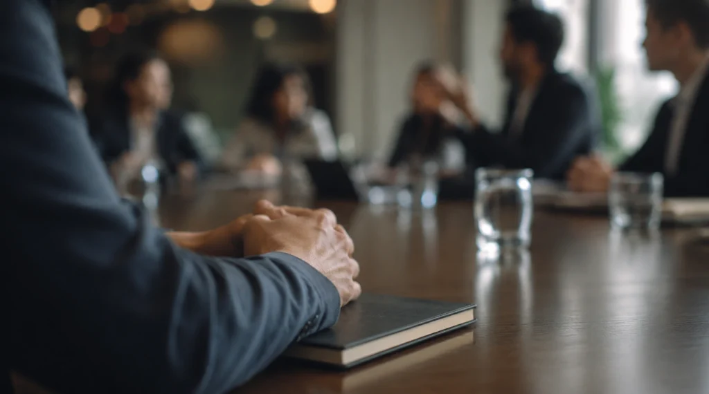 Close-up of hands resting on a notebook during a business meeting
