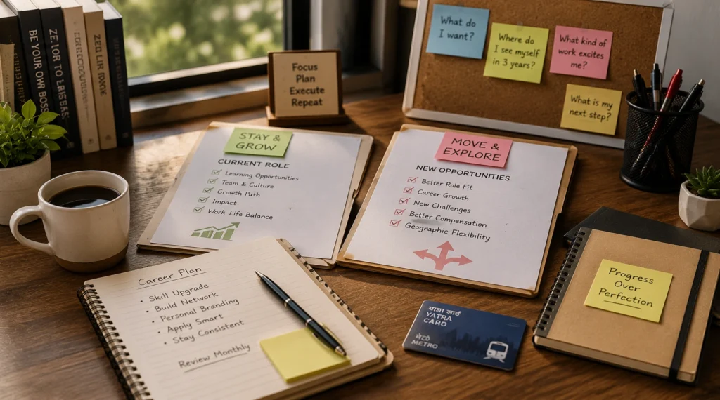 Career planning desk showing decision between staying in current role or exploring new opportunities
