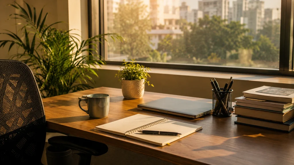 Sunlit workspace with notebook and laptop symbolizing career growth professional development and new beginnings
