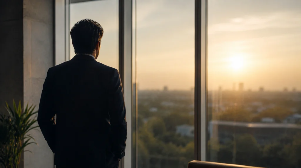 Professional standing near an office window in soft afternoon light