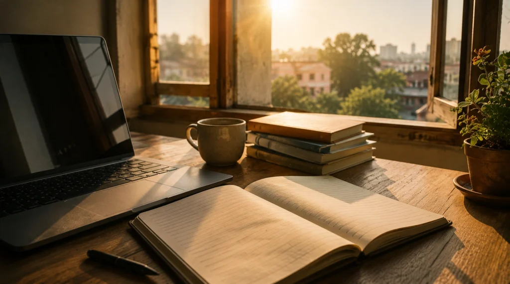 Open notebook and laptop beside a window symbolizing the next step in a career journey