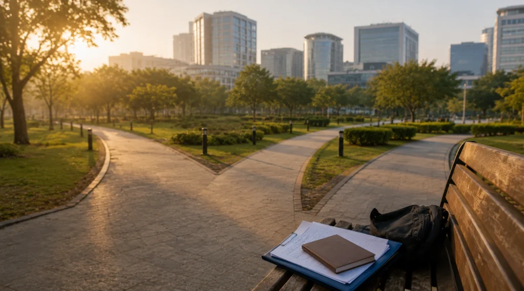 Multiple pathways leading toward office buildings with notebook and resume folder on a bench