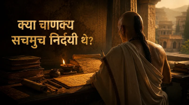तक्षशिला के वातावरण में ग्रंथों के बीच बैठे चाणक्य का चिंतनशील दृश्य