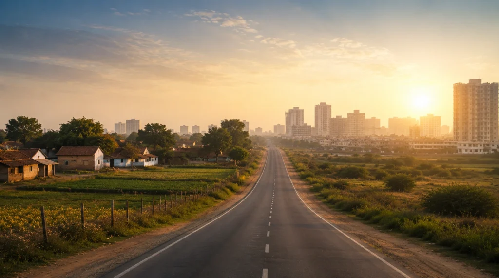 Road connecting rural India and a modern city skyline at sunrise