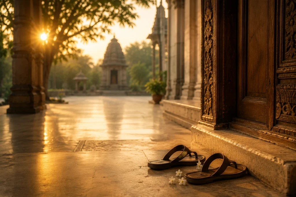 Traditional sandals outside a temple symbolizing humility and respect in Indian culture