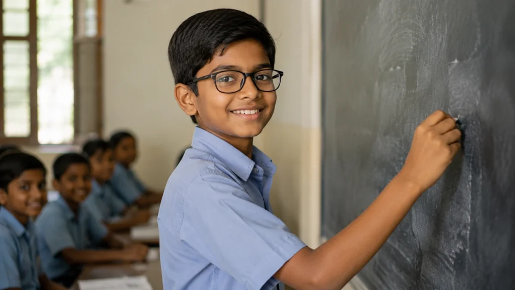 School student confidently reading classroom blackboard after receiving spectacles