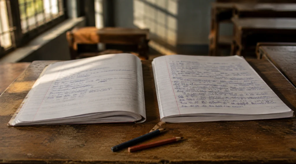 Two classroom notebooks showing incomplete and complete class notes on a wooden school desk