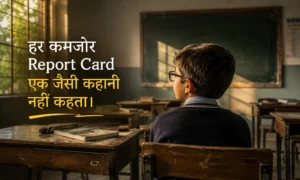 Indian school child looking at a classroom blackboard while wearing glasses for the first time