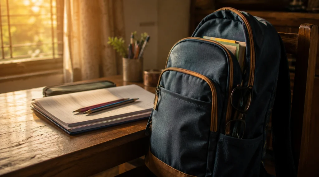 Packed school backpack with homework notebook and eyeglasses beside a study table