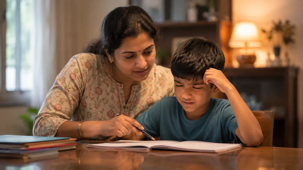 Mother helping school child with homework while noticing possible vision problem