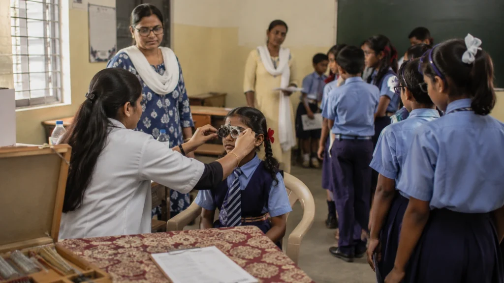 Routine School Eye Screening program checking children's eyesight in an Indian classroom