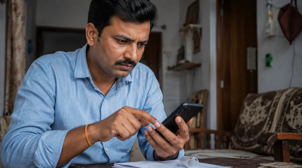 मोबाइल फोन पर शिकायत दर्ज करने की जानकारी खोजता नागरिक