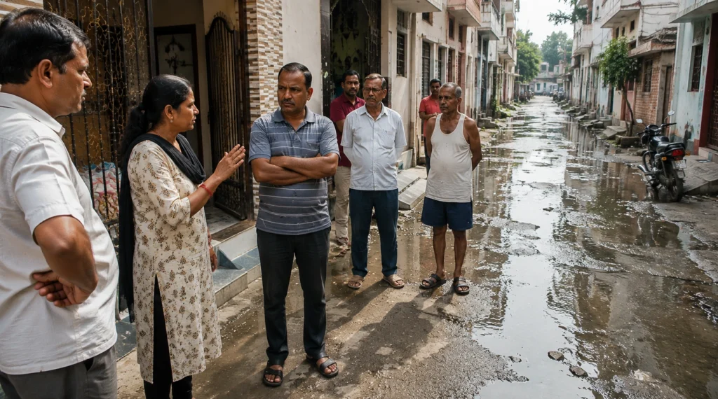 स्थानीय नागरिक जलभराव और बुनियादी सुविधाओं की समस्या पर चर्चा करते हुए