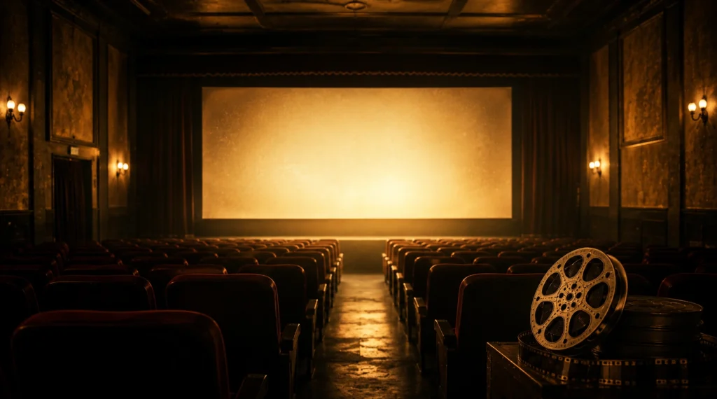 Empty vintage cinema hall representing lasting memories of classic films and characters
