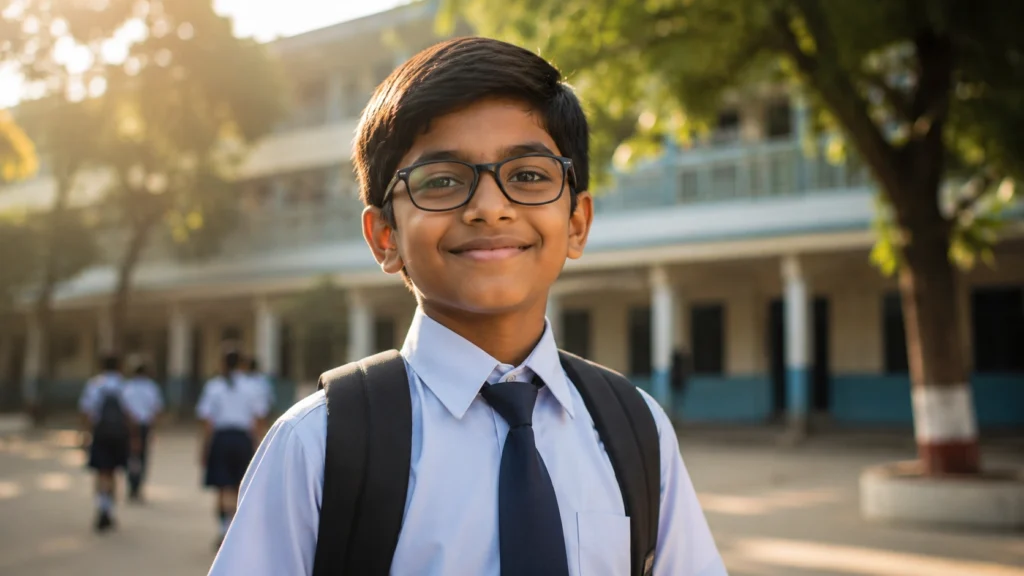 School child smiling confidently after early eye care and vision correction