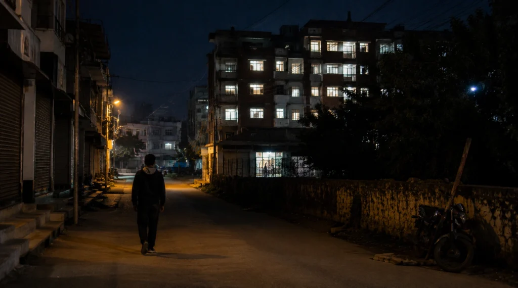 Quiet coaching town street at night with hostel lights visible
