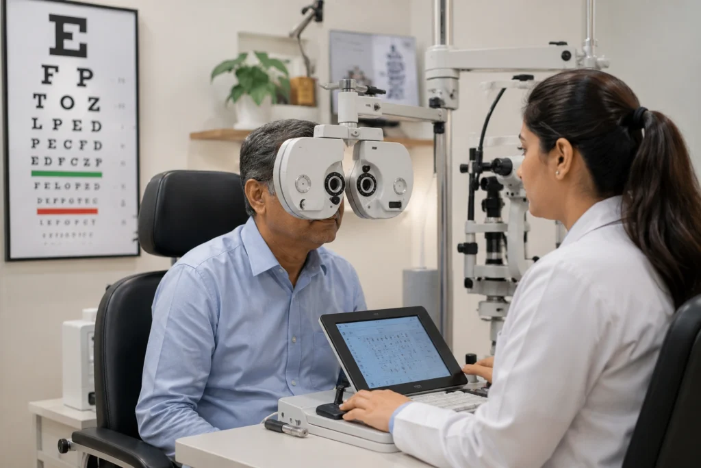 Patient undergoing a detailed eye examination using modern diagnostic equipment.