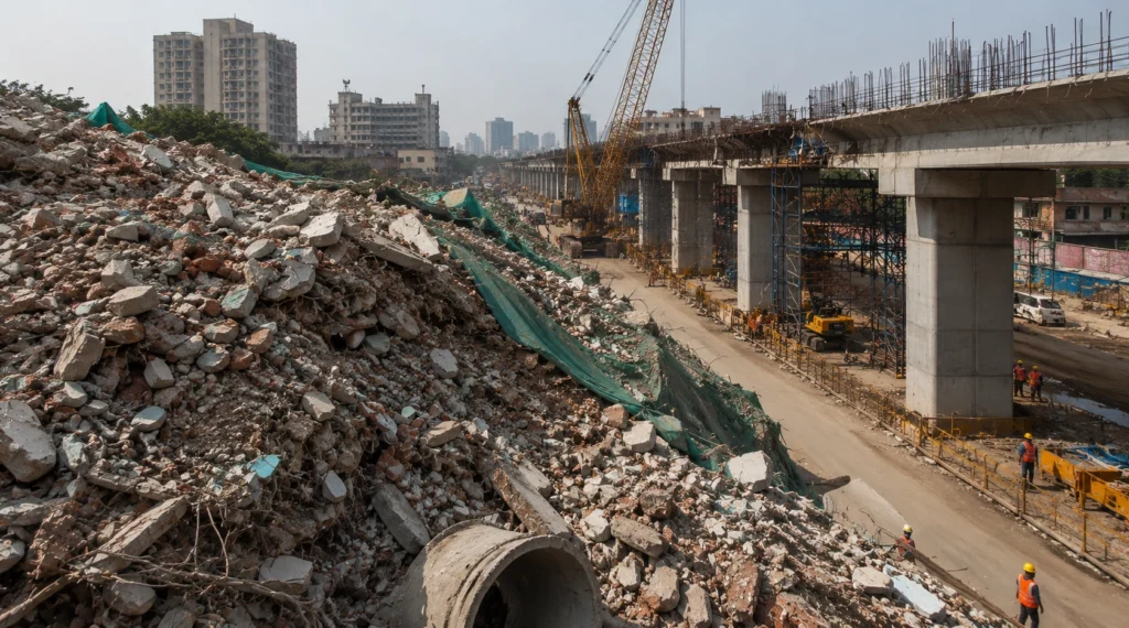 Large pile of construction debris beside an active infrastructure project