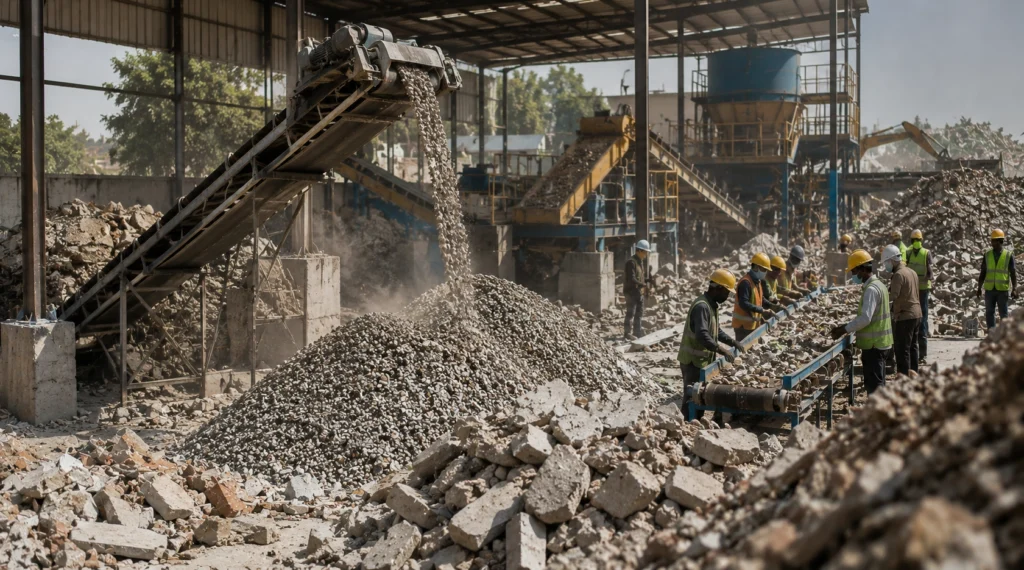 Construction and demolition waste recycling facility processing concrete debris