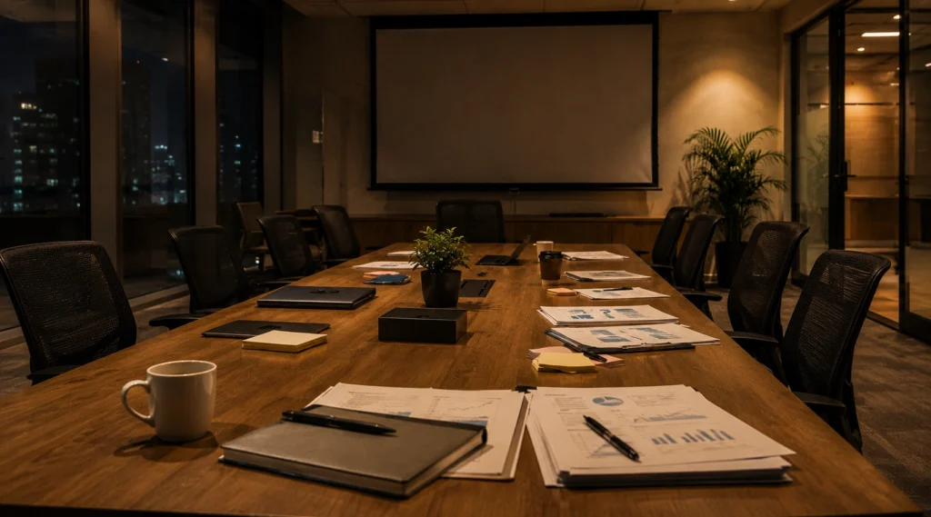 Corporate meeting room after business hours representing leadership decisions workplace culture and employee loyalty