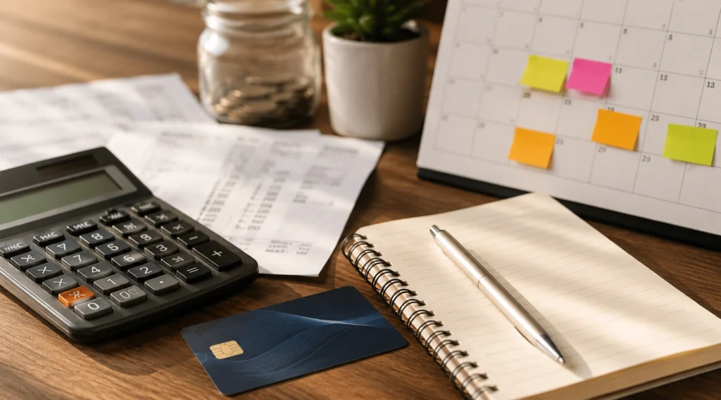 Credit card, calculator और monthly budget planning का भारतीय personal finance दृश्य