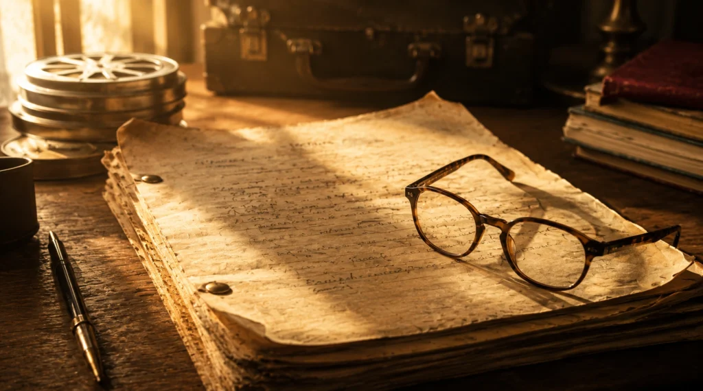 Vintage handwritten film script and reading glasses symbolizing Dharmendra's understated acting craft