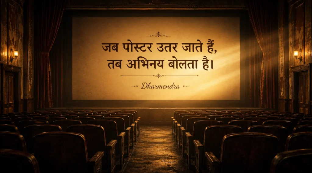 Vintage cinema hall with warm light symbolizing the lasting legacy of Dharmendra's acting