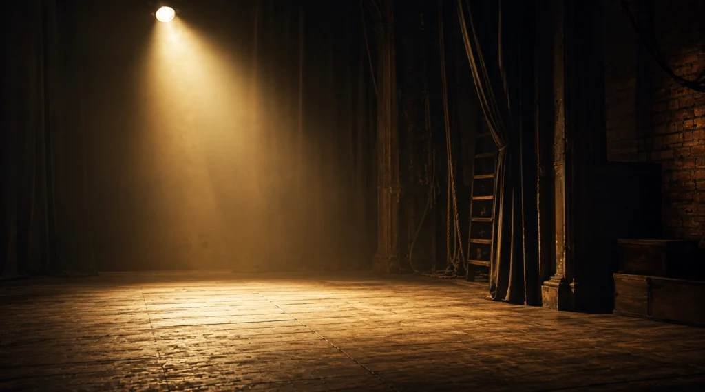 Empty theatre stage under a spotlight representing subtle acting and understated screen presence
