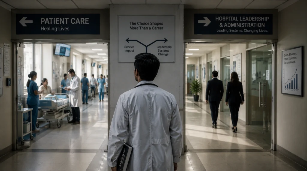 Doctor standing between patient care and hospital leadership career paths.