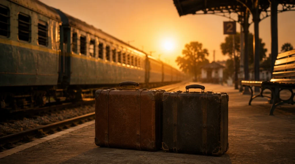 Two vintage suitcases on a railway platform symbolizing friendship and shared memories