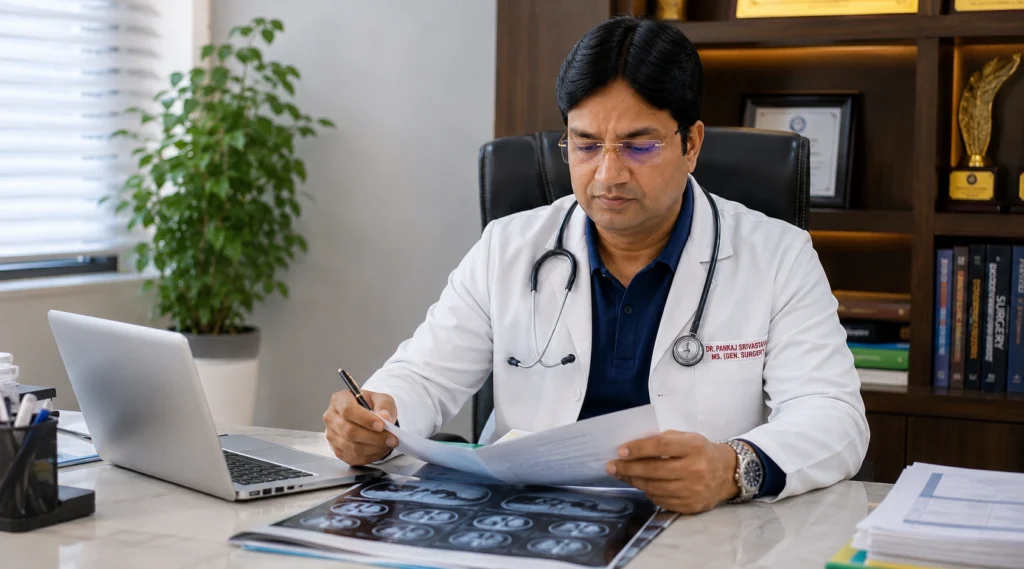 डॉ. पंकज श्रीवास्तव अपने क्लिनिक में मेडिकल रिपोर्ट और मरीजों के दस्तावेज़ों की समीक्षा करते हुए।