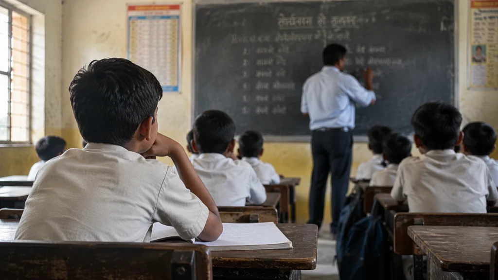 School student struggling to see the blackboard from the classroom