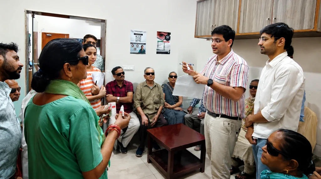 Dr Rishi Sethi conducting an eye health awareness session for community members