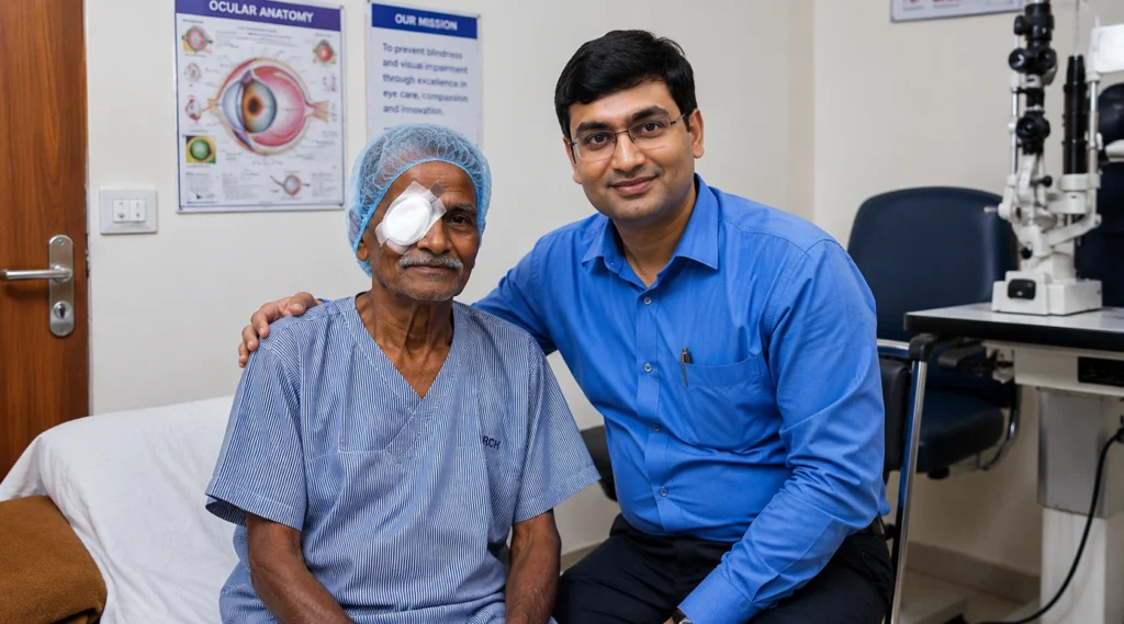 Dr Rishi Sethi with a patient during recovery after eye treatment